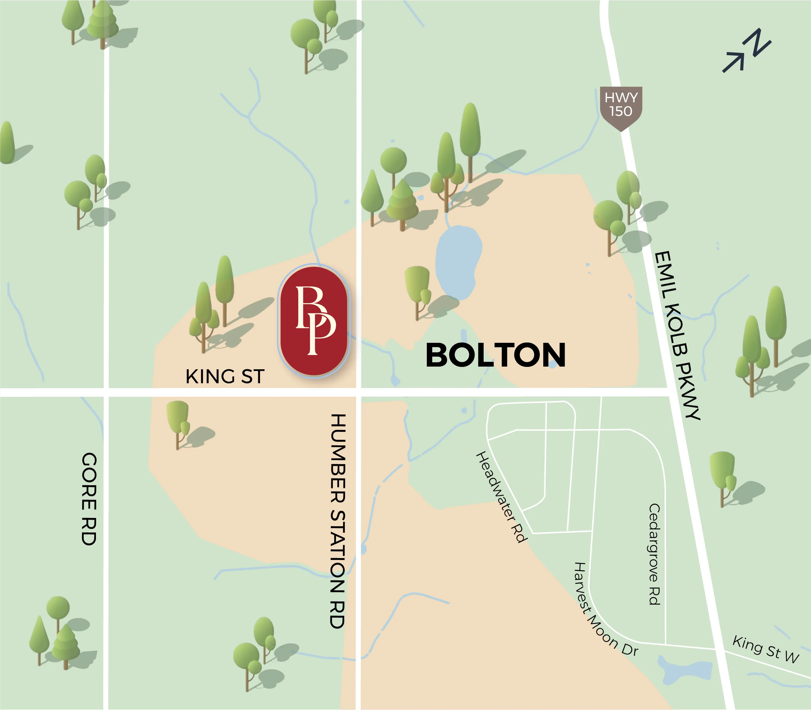 Bolton Place key map showing the community near The Gore Road and King Street in Bolton, Caledon, Ontario, west of Humber Station Road.